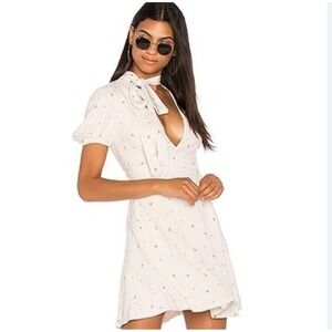 NWT Free People Retro Love Mini Dress Women 4 Ivory Green Polka Dot Tie Neck